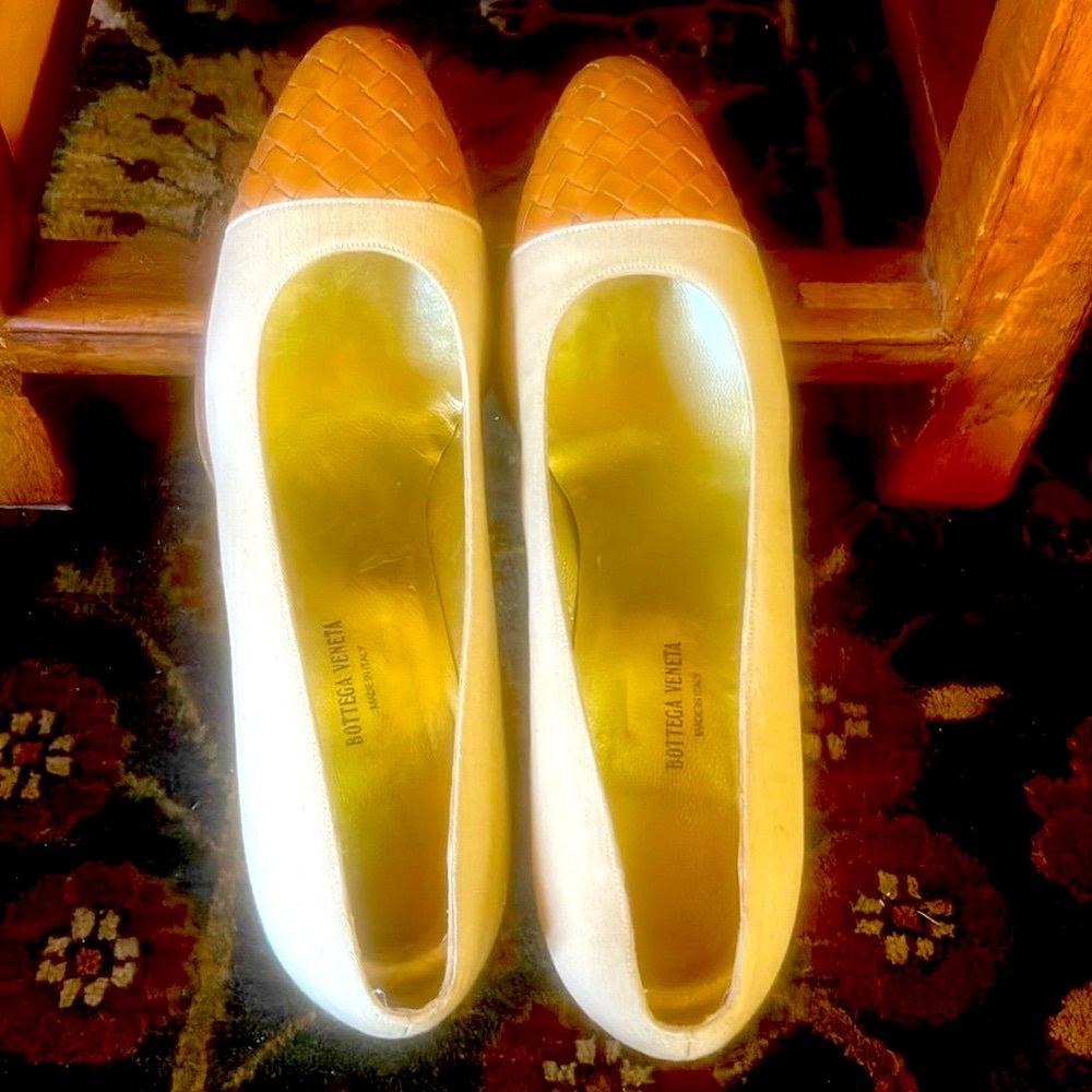 Bottega Veneta canvas and leather 3” heels. Woven leather toe caps in BV style.